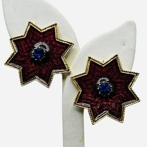 Vintage Blue Rhinestone Resin Enamel Eight Point Star Clip Earrings